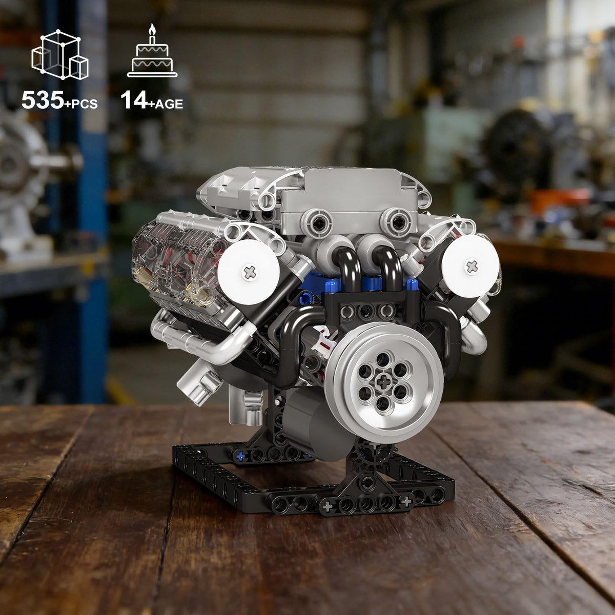 Mould King 10088 V8 engine transparent structure showing moving parts