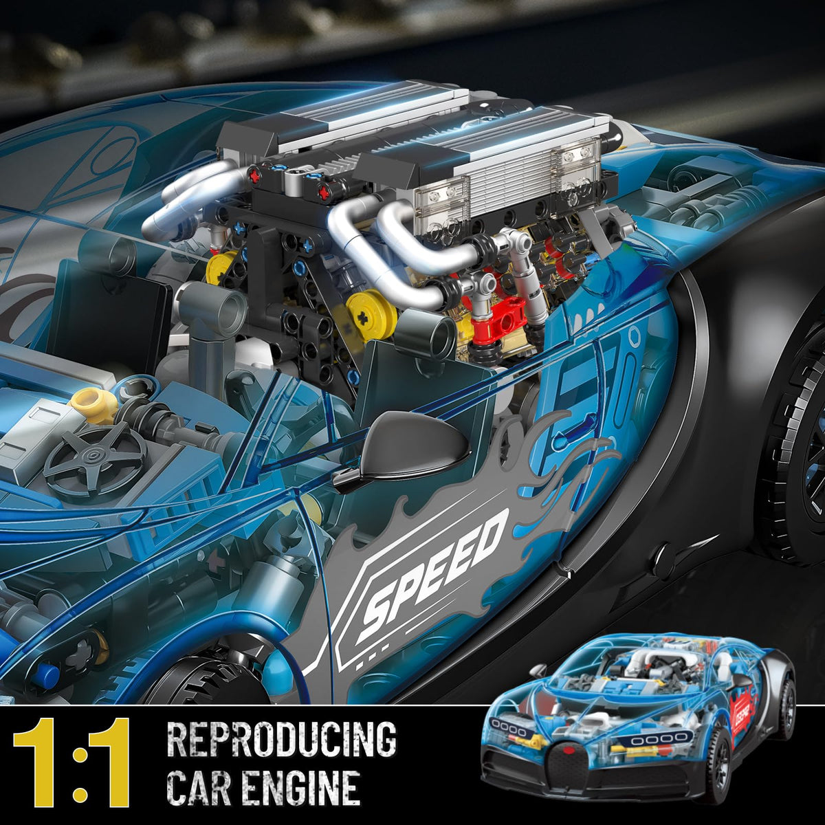 Mould King W16 engine cylinder head reveals transparent design to observe valve motion