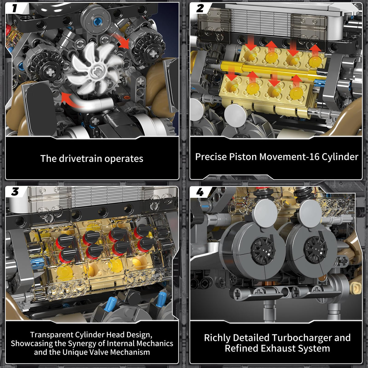 Mould King W16 engine turbochargers highlight turbo detailing for enthusiasts