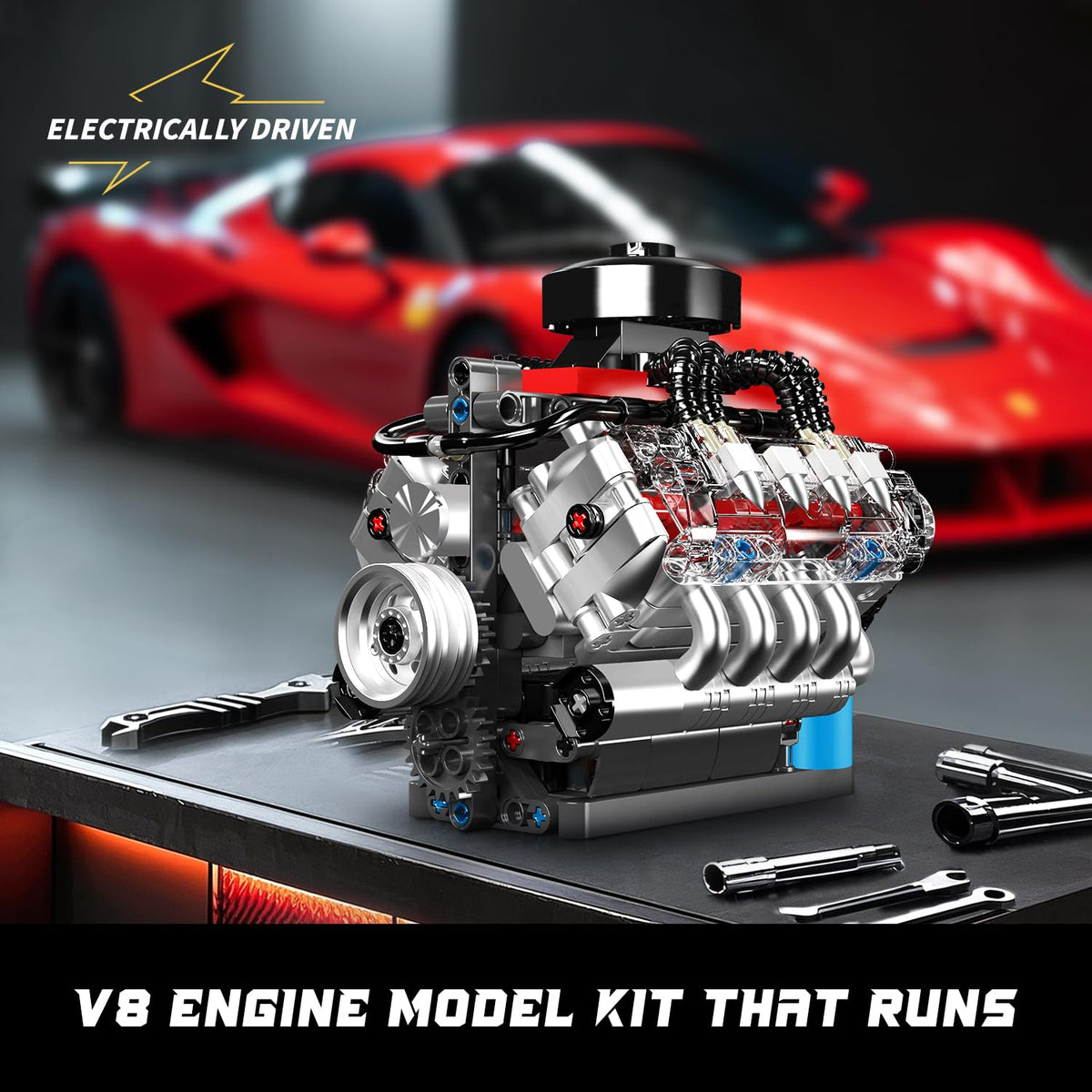 L motor and battery box powering the Mould King engine model for hands-on watching.