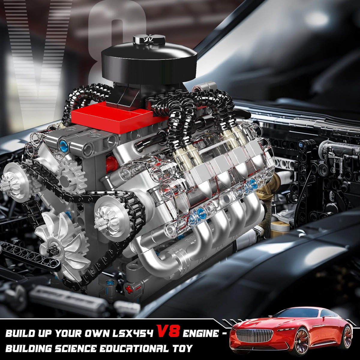 Mould King 10171 V8 engine kit shows piston movement for realistic action.