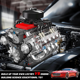 Mould King 10171 V8 engine kit shows piston movement for realistic action.