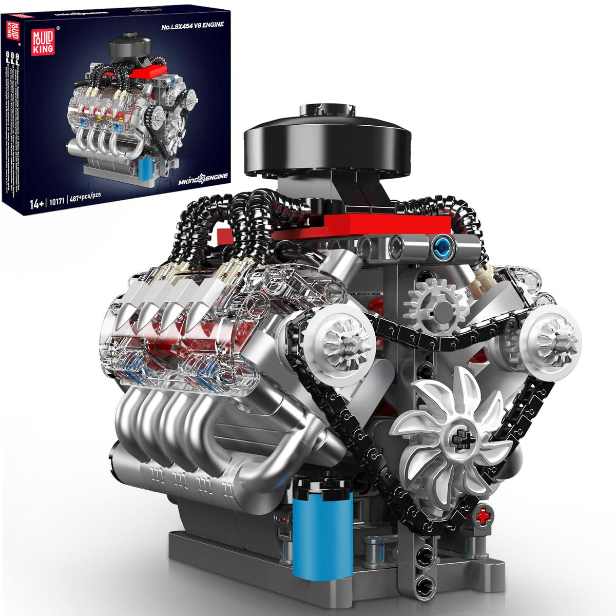 Mould King 10171 V8 engine kit with transparent cylinder head for detailed viewing.