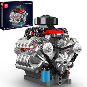 Mould King 10171 V8 engine kit with transparent cylinder head for detailed viewing.