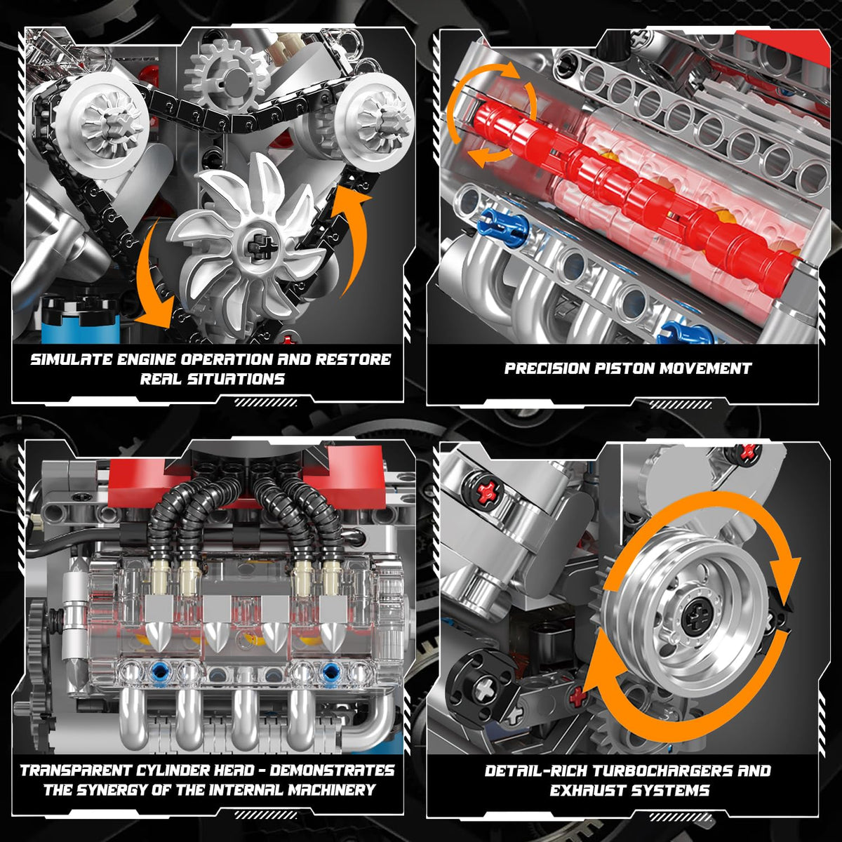 Turbocharger detail on Mould King V8 engine kit for display and learning.