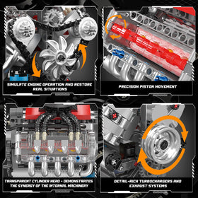 Turbocharger detail on Mould King V8 engine kit for display and learning.