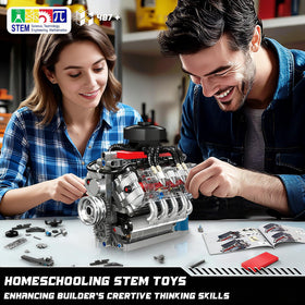 Exposed valve train on Mould King engine kit helps enthusiasts understand internal operation.