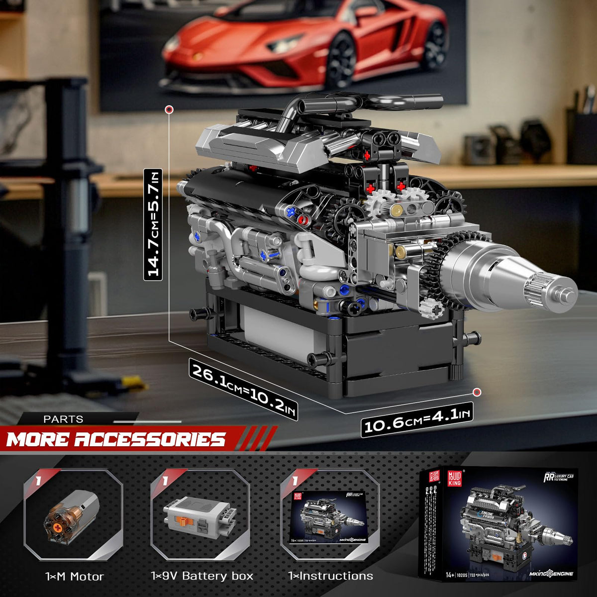 Mould King 10205 engine assembly in progress with battery power.