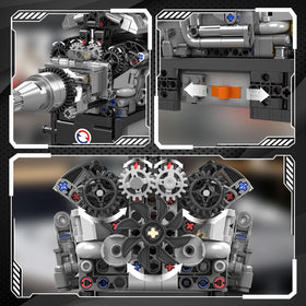 Mould King 10205 engine close-up of colorful parts.