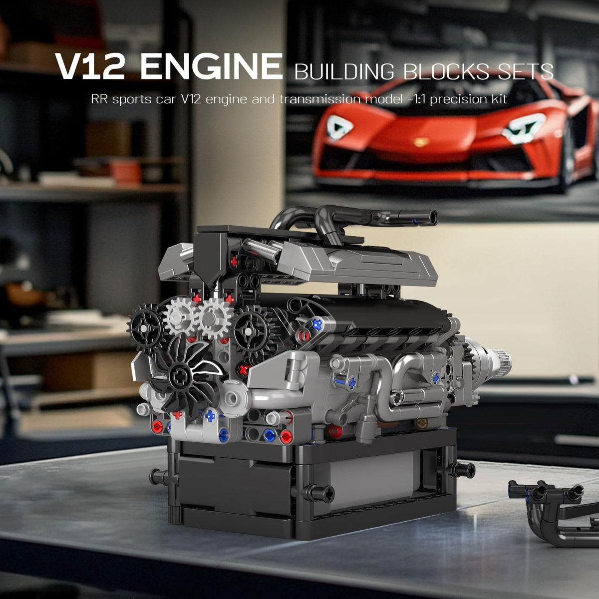 Mould King V12 engine side profile with piston motion concept.