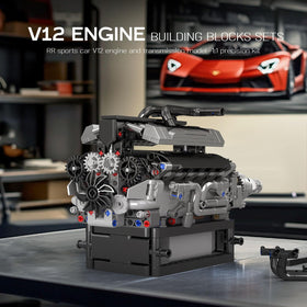 Mould King V12 engine side profile with piston motion concept.
