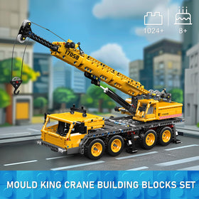 Mould King mobile crane truck legs and boom extended for sturdy playtime stability.