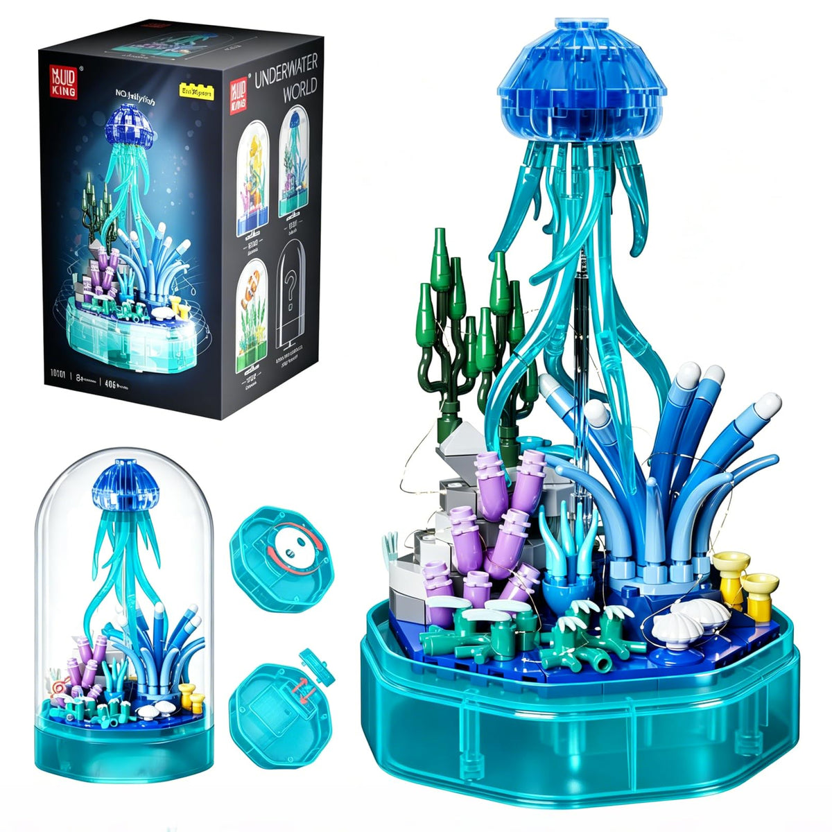 Mould King jellyfish building sets in blue sea tones for creative display.