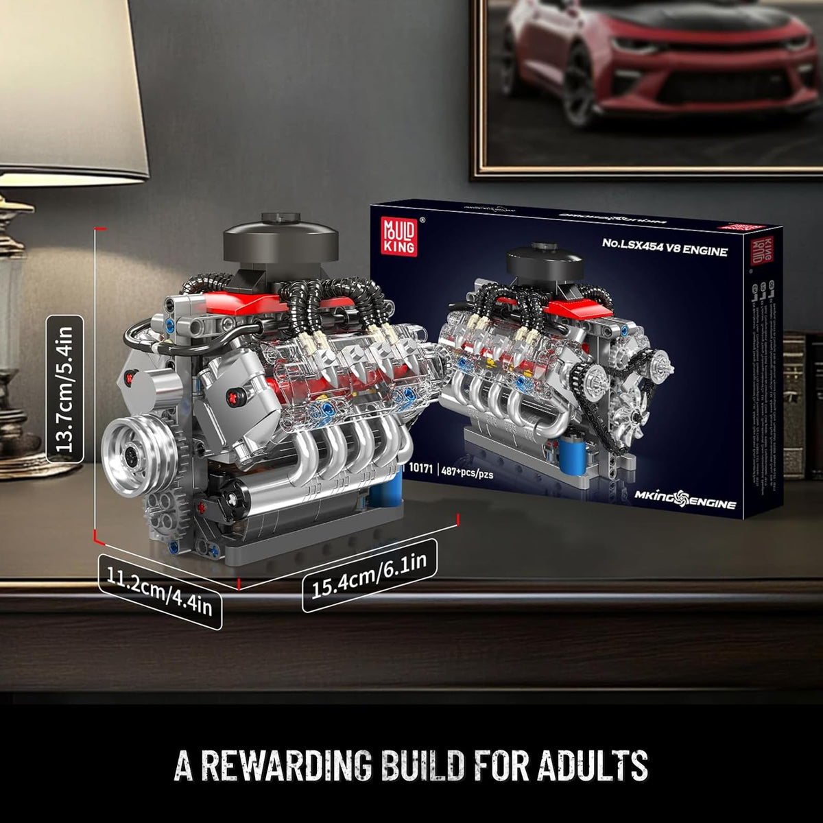 Mould King LSX454 exhaust system detail captures authentic engineering aesthetics.