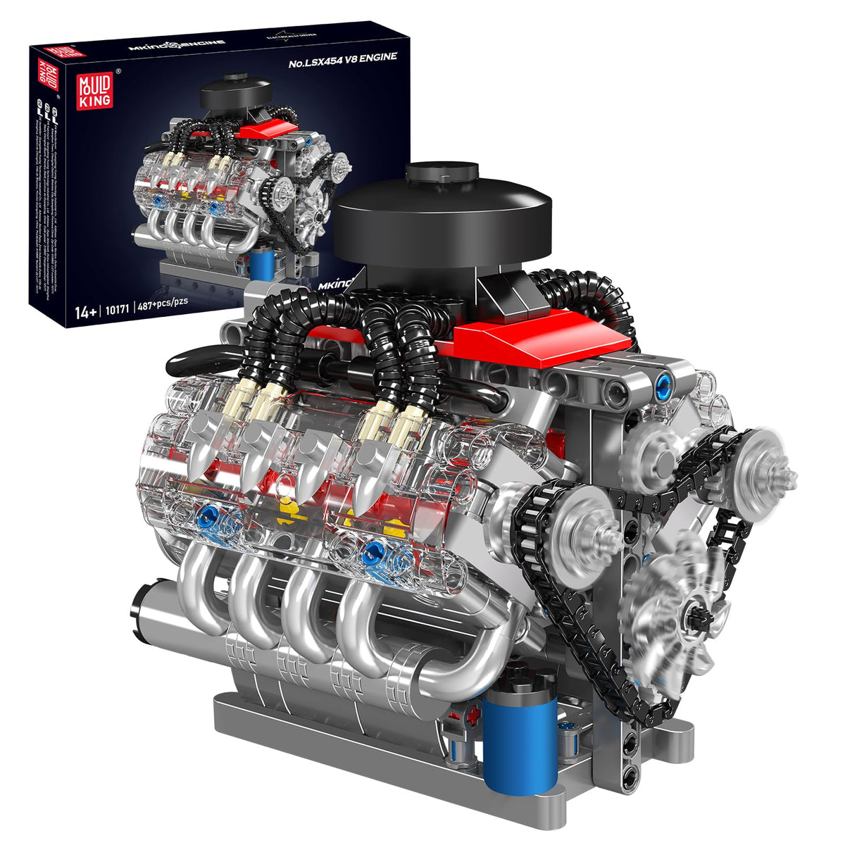 Mould King LSX454 V8 engine front view with authentic details for display and study.