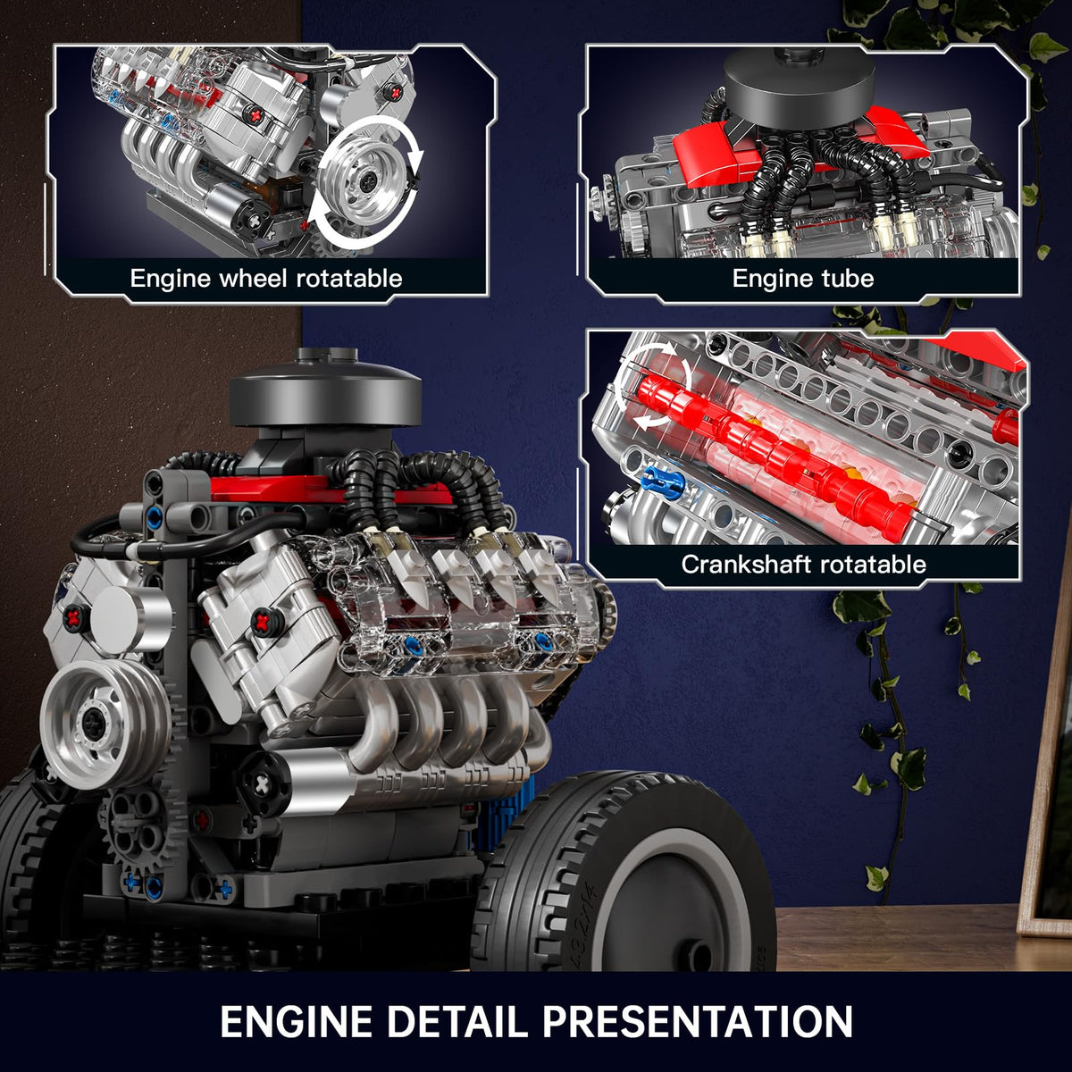 Mould King Mini V8 Engine 10171 transparent cylinder head reveals inner mechanism.