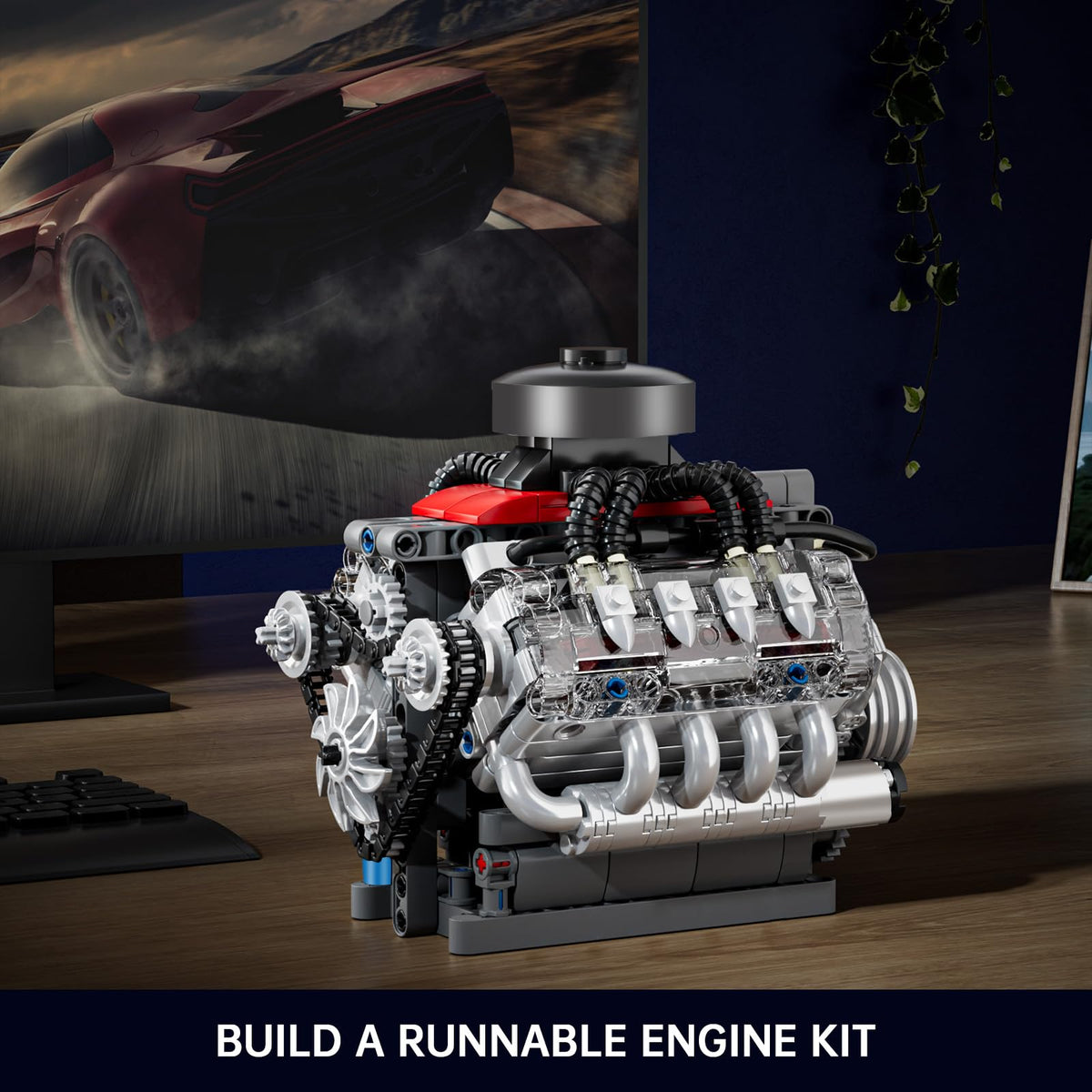 Mould King Mini V8 Engine 10171 turbocharger detail for realistic model building.