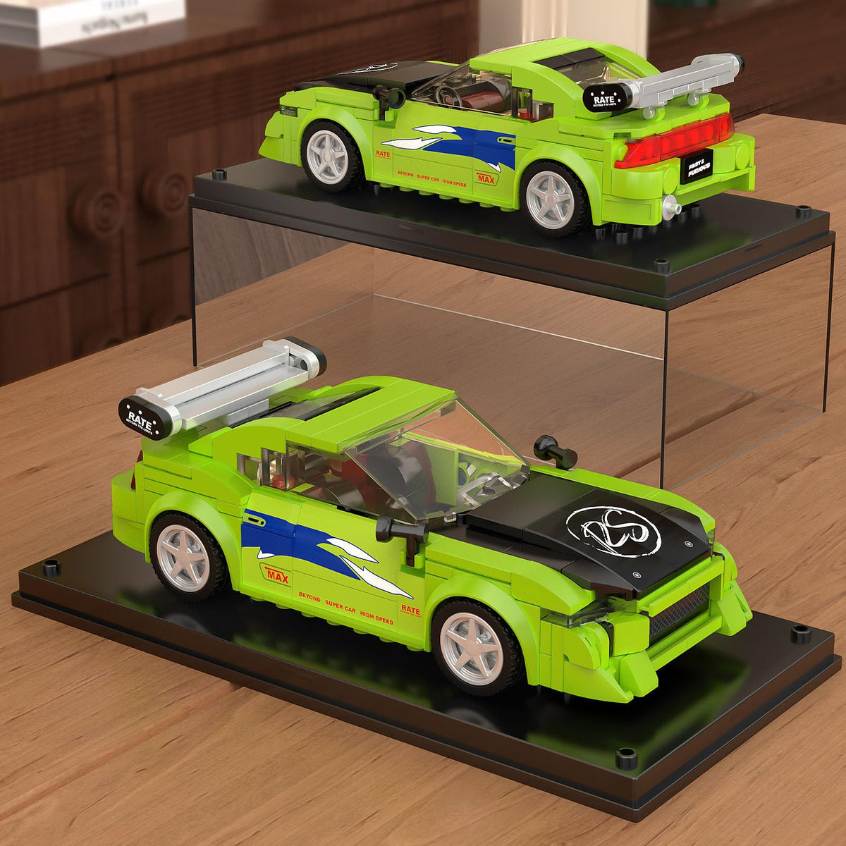 Mould King Speed Champion acrylic display case highlighting vintage racing model.