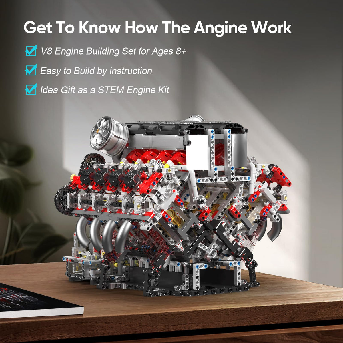 Mould King V8 engine assembly progress with vibrant blocks for enthusiasts.
