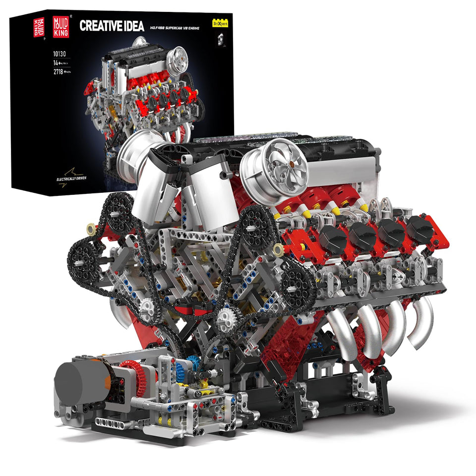 Mould King V8 Engine kit box and model display, ideal for planning your build.