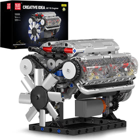 Mould King V8 engine building set shown during assembly, offering a realistic hands-on experience