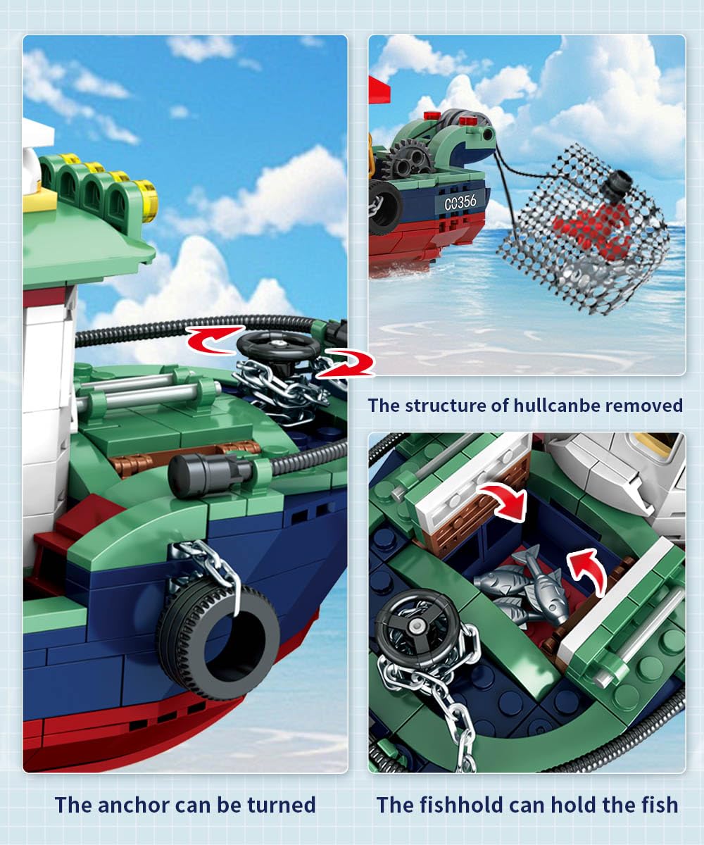 Mov Stone City Ocean fishing boat with fish boxes for authentic seaward setup