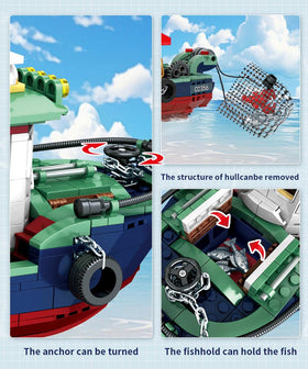 Mov Stone City Ocean fishing boat with fish boxes for authentic seaward setup