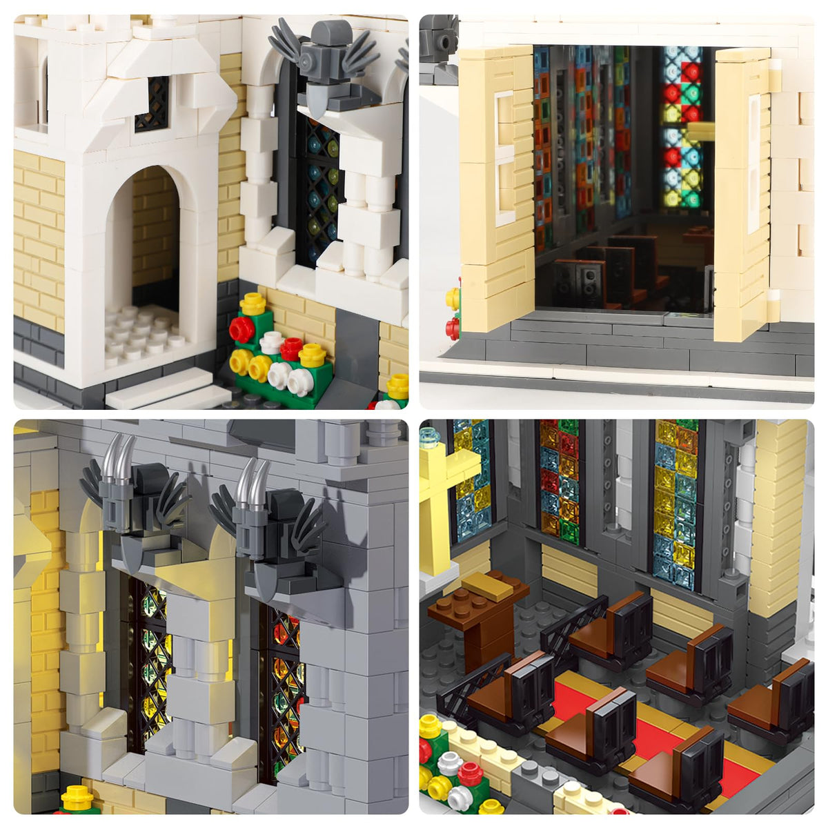 Mov Stone Gothic Cathedral stained-glass windows adding colorful light effects.