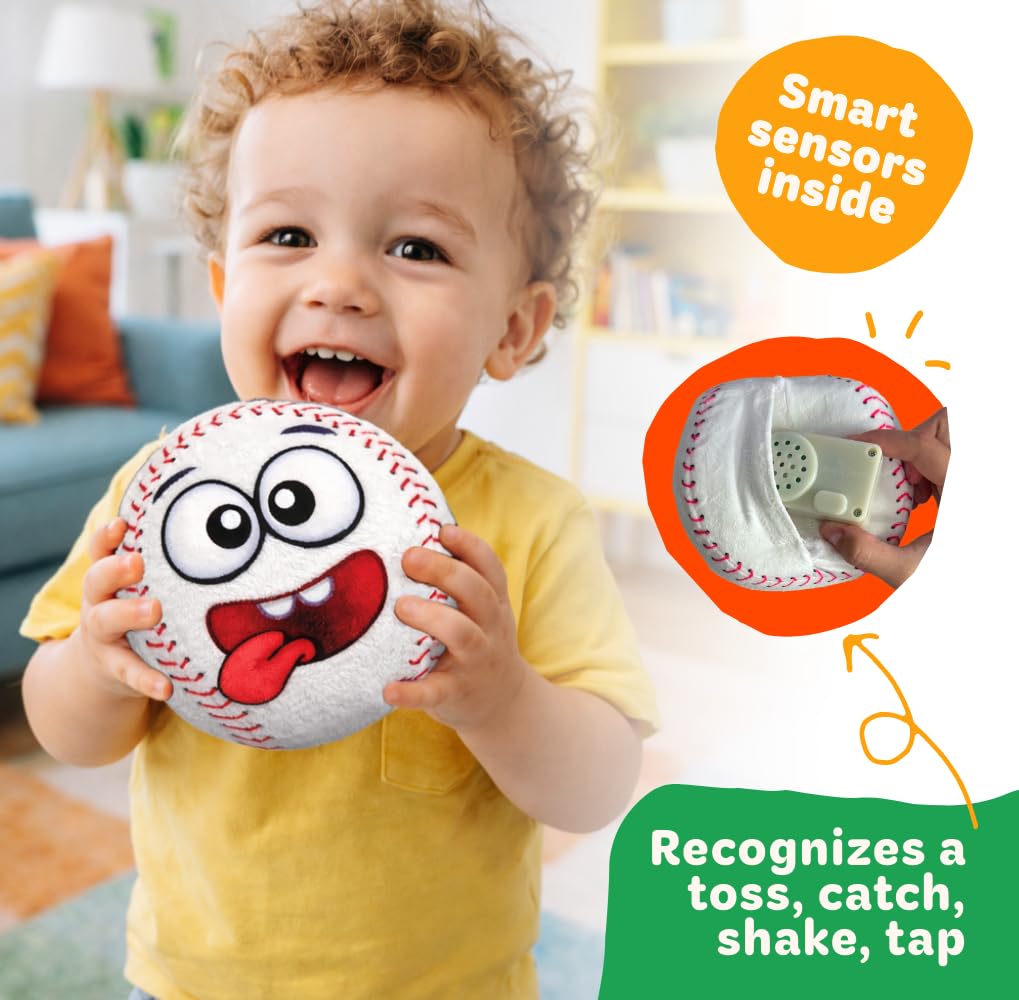Move2Play baseball includes batteries with adjustable volume for flexible play sessions.