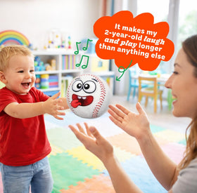 Move2Play baseball features soft plush and double stitching for durable, machine-washable fun.