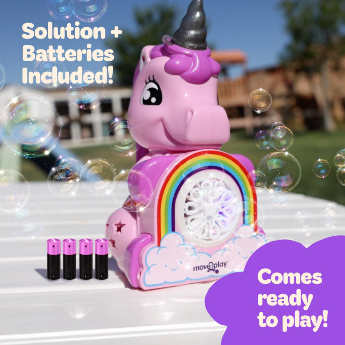 Move2Play child playing with unicorn bubble blower