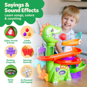 Move2Play Dino Ball Popper bouncing balls demonstrates cause-and-effect through responsive play