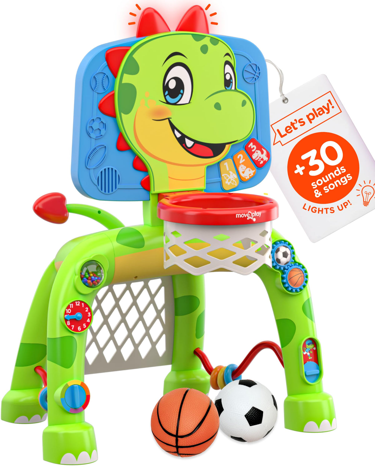 Move2Play dinosaur basketball hoop enhances active play and coordination during fun shooting sessions.