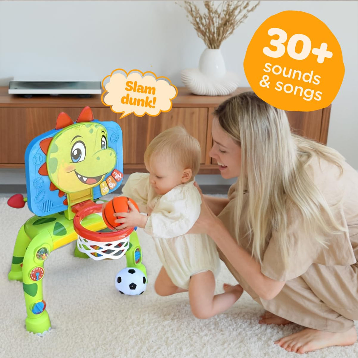 Move2Play dinosaur soccer goal encourages kicking and target practice in a playful space.