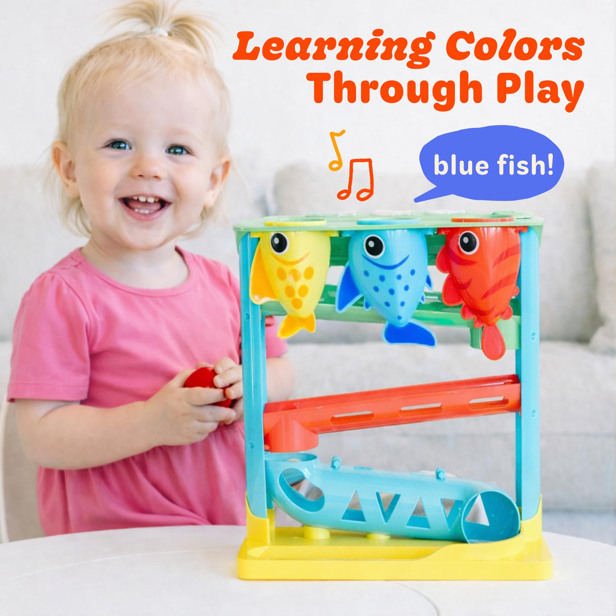 Move2Play Feed The Fish highlights colors, numbers, and letters for learning