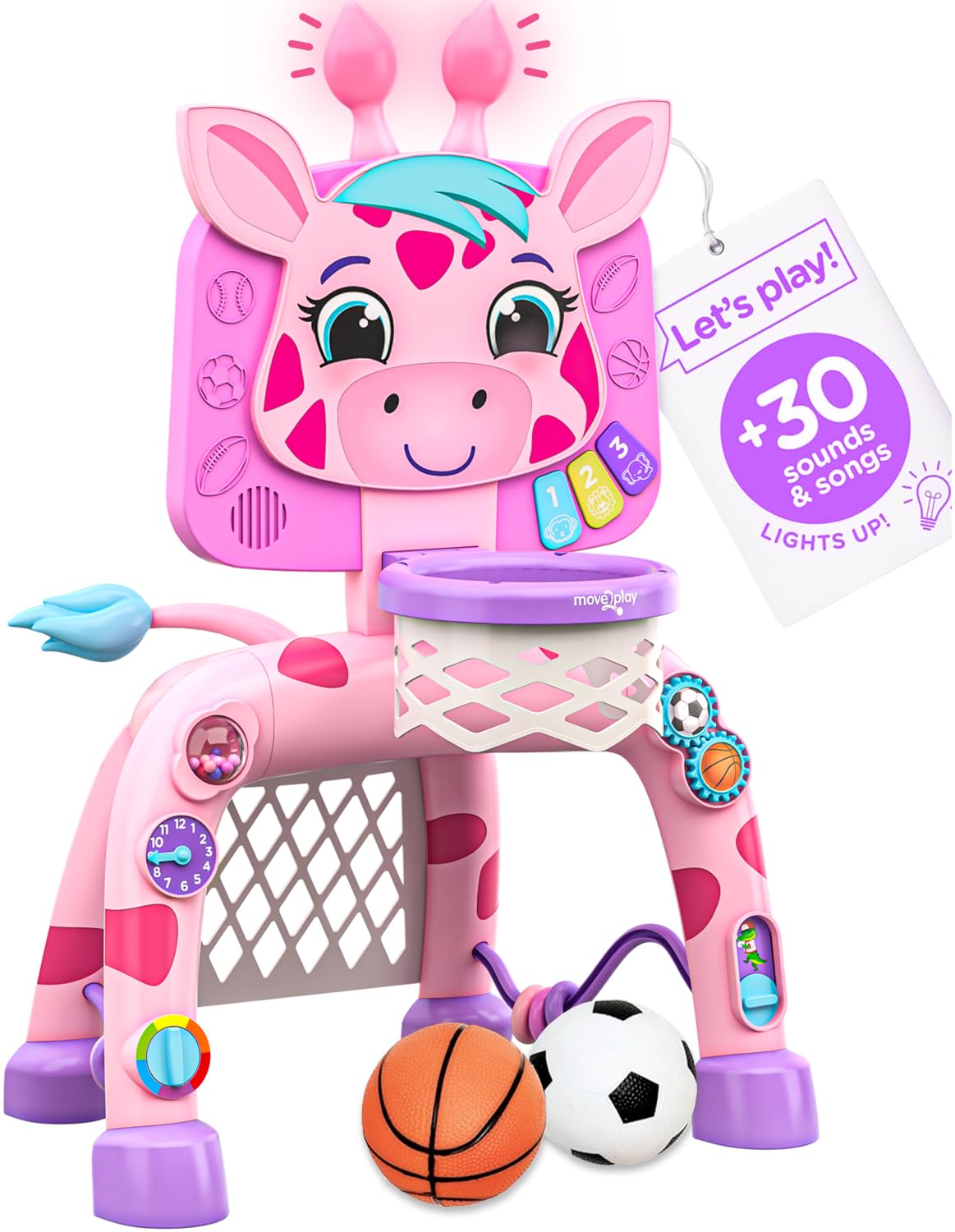 Move2Play Giraffe Basketball Hoop setup showing slam dunk action and motor skill focus.