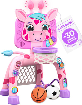 Move2Play Giraffe Basketball Hoop setup showing slam dunk action and motor skill focus.
