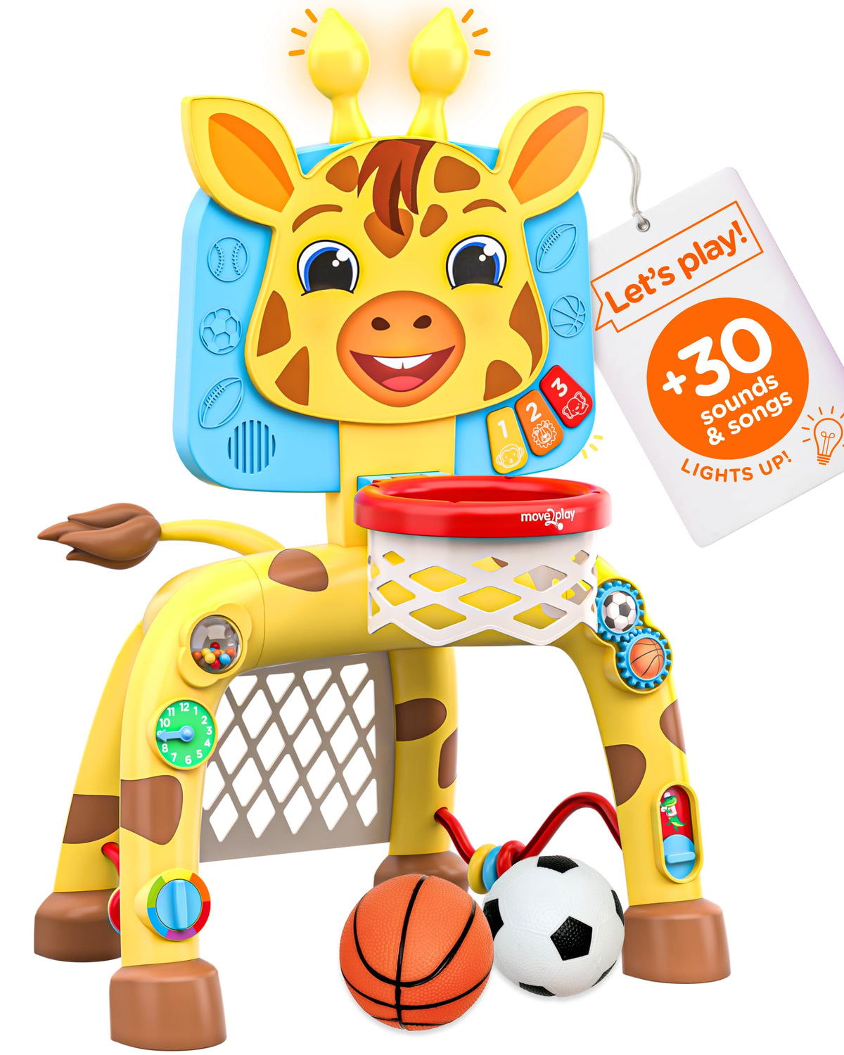 Move2Play giraffe hoop dunk boosts hand-eye coordination for toddlers.