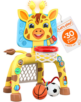 Move2Play giraffe hoop dunk boosts hand-eye coordination for toddlers.