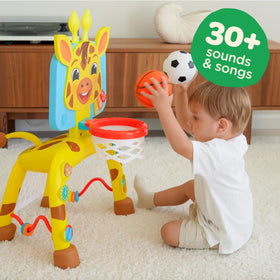 Move2Play giraffe soccer goal helps kids practice kicking and aim.