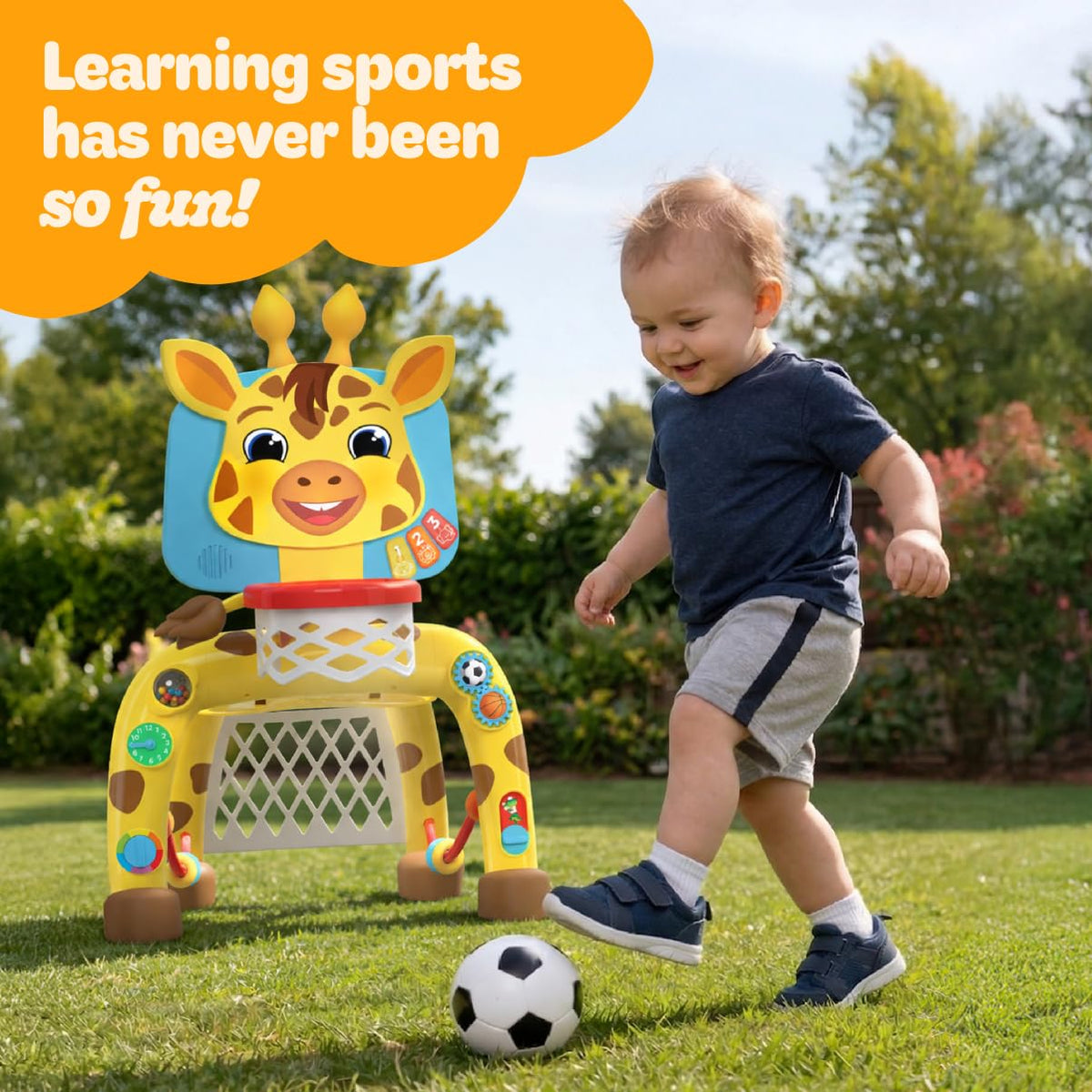 Move2Play giraffe spinning gears and tail action encourage exploration.