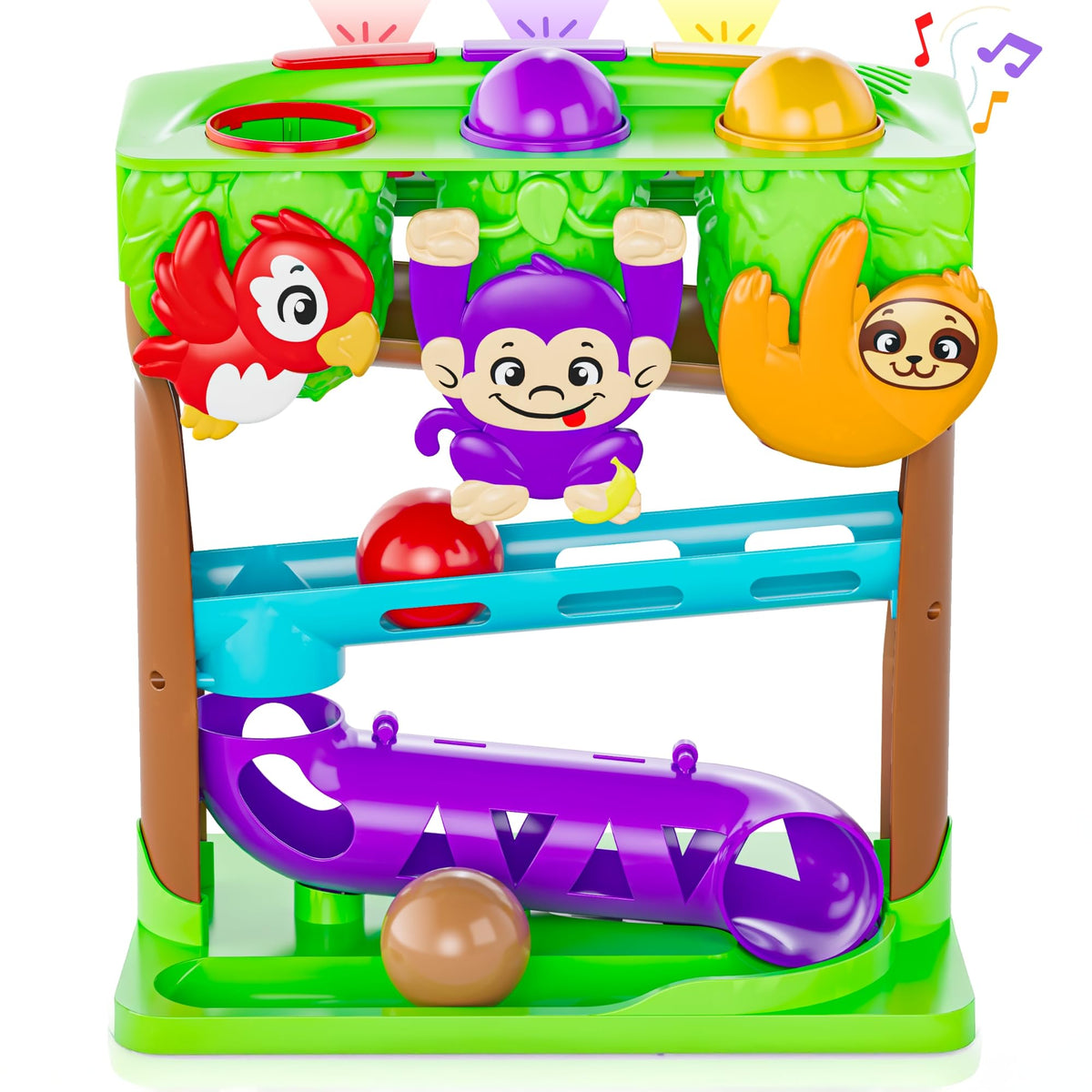 Move2Play Jungle Drop Roll Roar: boosts hand-eye coordination through ball drop play.