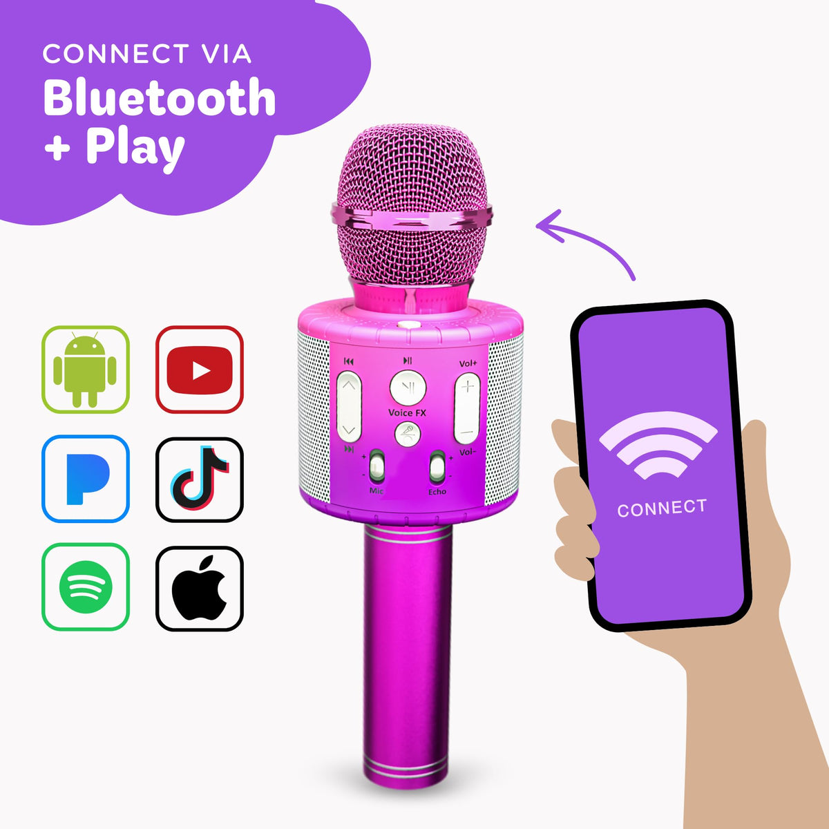 Move2Play karaoke mic connects via Bluetooth to a phone or tablet.