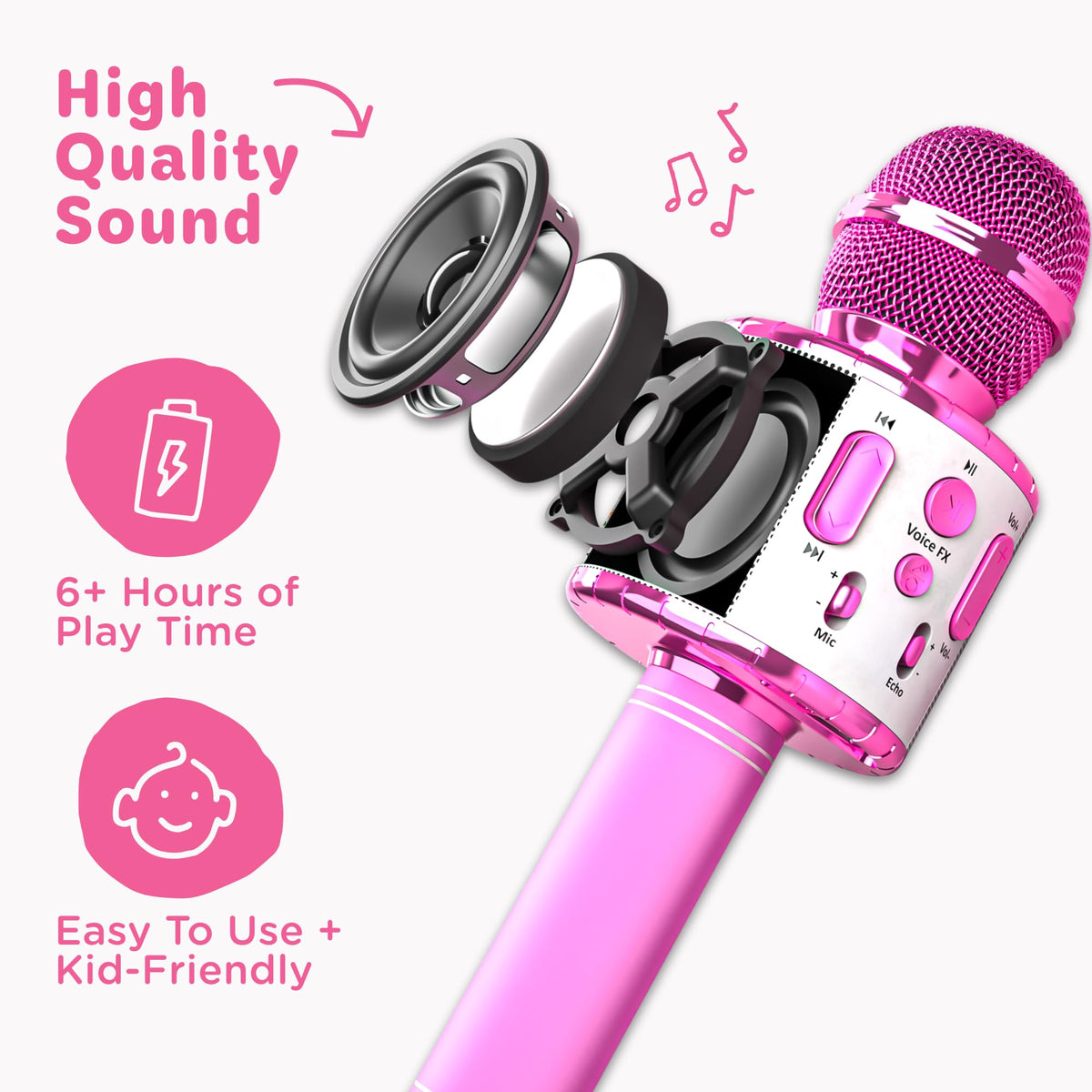 Move2Play karaoke microphone rechargeable battery for 6 hours of play.