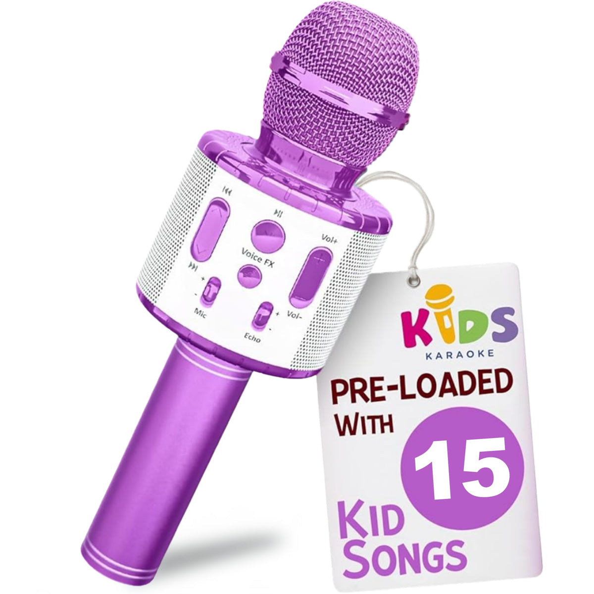 Move2Play Kids Karaoke Microphone front view with an easy-to-use design for young performers.