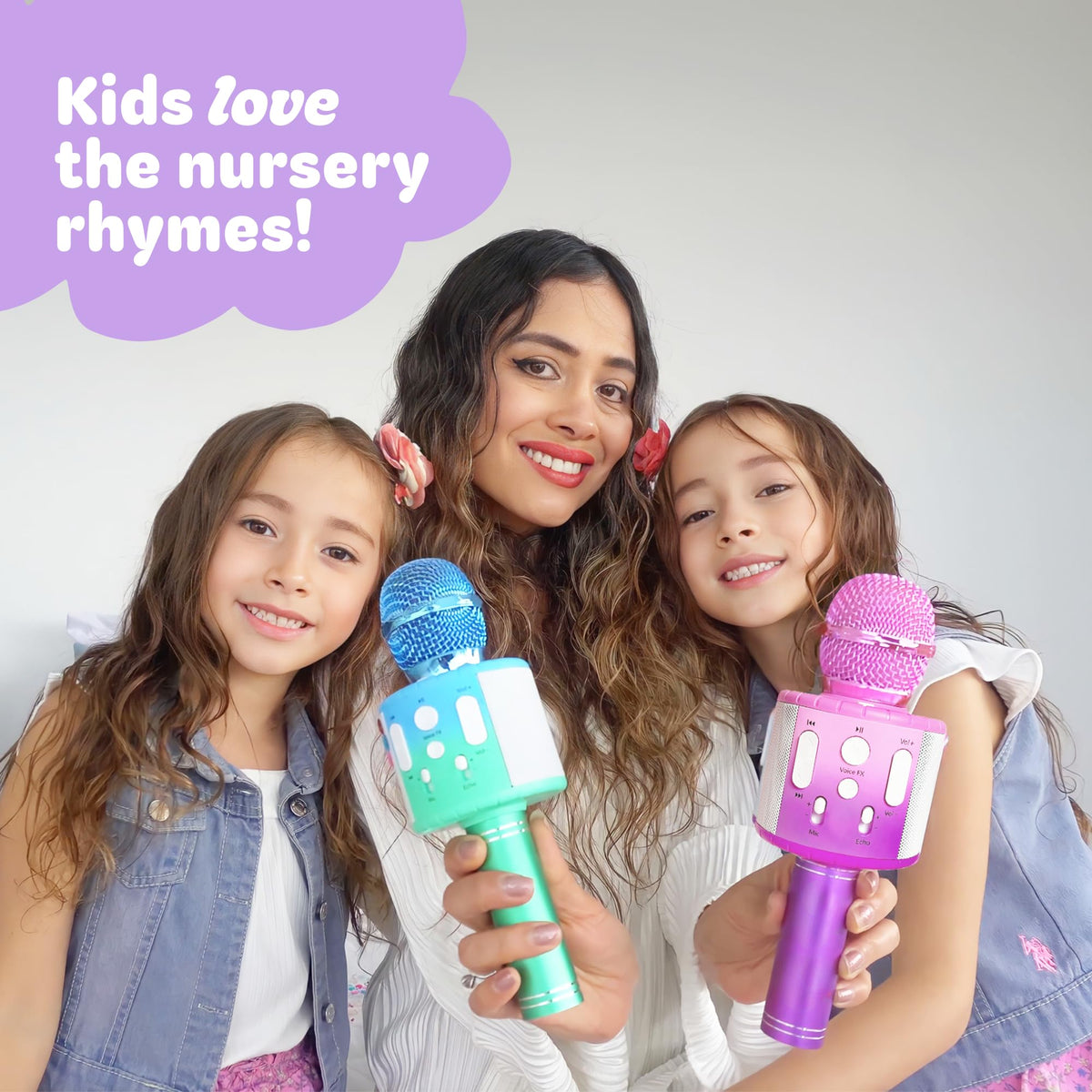 Child sings into Move2Play microphone during a lively family moment.