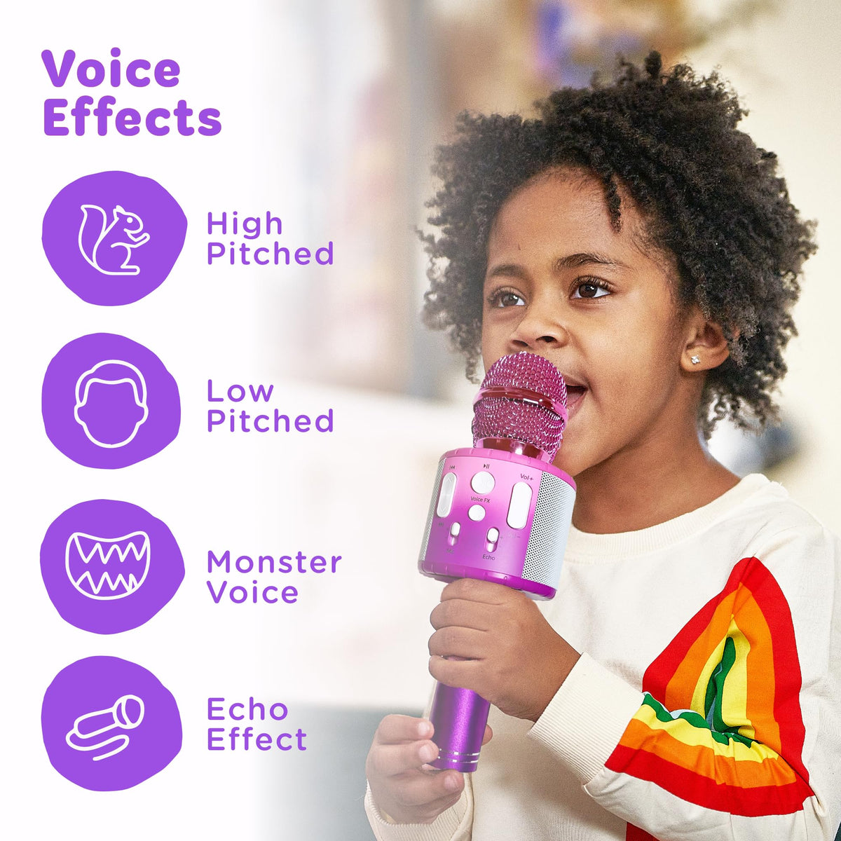 Move2Play microphone shows four voice effects for playful sound twists.