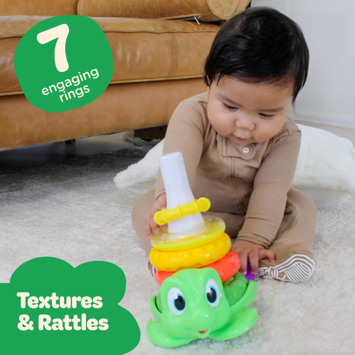 Move2Play Turtle Stacking Toy's seven rings encourage stacking practice and color exploration.