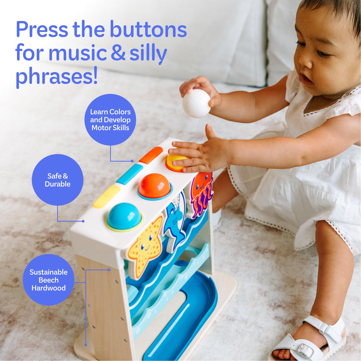 Move2Play Wooden Ocean Friends teaching color, number, and letter concepts through songs.
