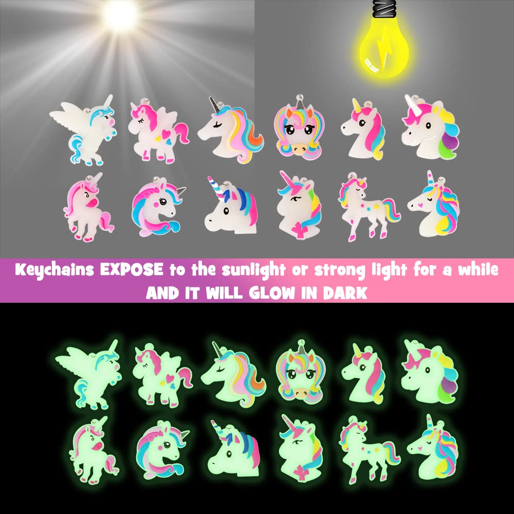 MOVINPE glow-in-dark unicorn keychains glow after light exposure for fun night loot.